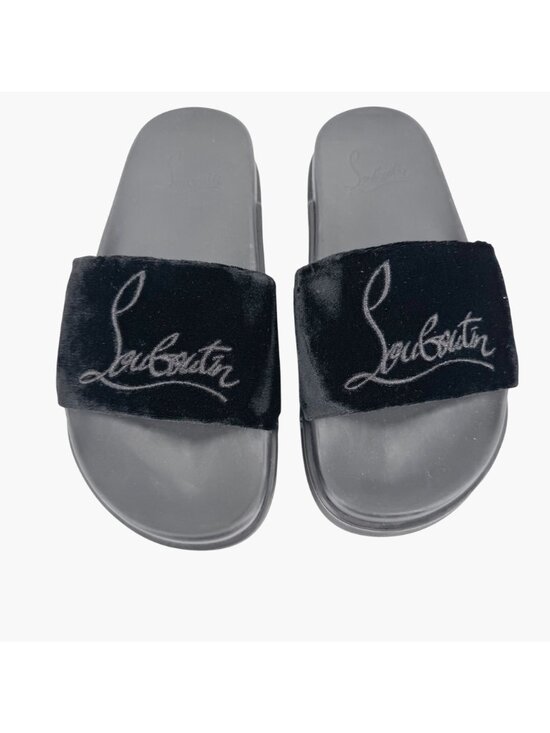 Christian Louboutin | Pool Flat slide sandals | Savannahs Christian Louboutin \'Navy Pool\' Slide Sandals Size 37 US 7 Black Velvet Logo 31